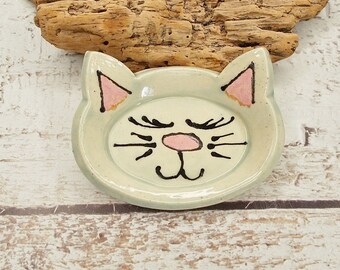 Handmade Ceramic Aqua Cat Trinket Dish
