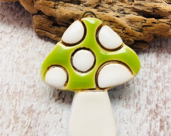 Handmade Ceramic Mushroom Pendant in Lime Green and White