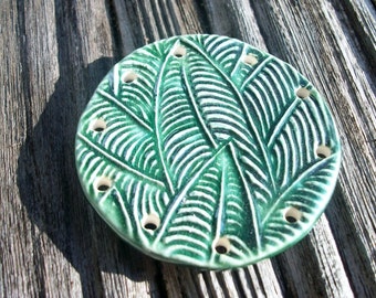 Handmade Emerald Green Ceramic Leaf Imprinted Pine Needle Basket Base