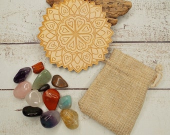 Wooden Love Mandala Crystal Grid with 12 Assorted Stones