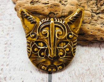 Handmade Ceramic Cat Face Pendant in Chocolate Brown