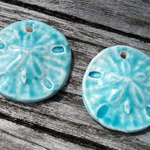 Shiny Baby Blue Ceramic Sand Dollar Charms, Pendants or Earring Pair