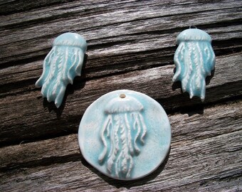 Handmade Ceramic Jellyfish Pendant and Earring Pair in Baby Blue