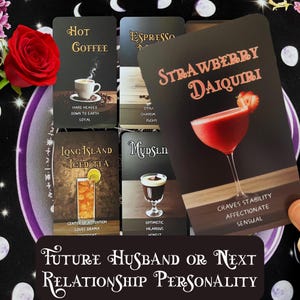 May include: A set of rectangular cards featuring drink illustrations and text. One card shows a Strawberry Daiquiri with the words Craves Stability, Affectionate, Sensual. Other cards display Hot Coffee, Long Island Iced Tea, and Mudslide with descriptive text.