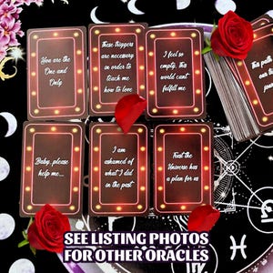May include: A collection of oracle cards with various phrases in a decorative frame, including "You are the One and Only" and "Trust the Universe has a plan for us." The image includes red roses and the text "SEE LISTING PHOTOS FOR OTHER ORACLES."