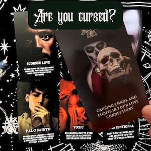 May include: A collection of tarot cards with dark imagery and text. The cards feature phrases like "Scorned Love," "Palo Santo," and "Toxic." The central card displays a figure holding a skull, with the text "Causing chaos and fights in your love connections."