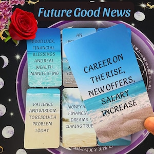 May include: A set of rectangular oracle cards featuring beach and ocean imagery with printed text including Future Good News, Good Luck, Financial Blessings, Career on the Rise, New Offers, Salary Increase, Patience and Wisdom, and Money and Financial Dreams.