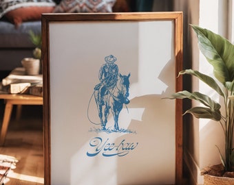 Blue Yee-Haw Poster, Vintage Western Poster, Cute Wall Art, Fun Cowboy Print, blue Wall Art, Digital Download