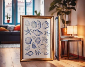 Blue Coastal Seashell Print, Beach Club, Vintage Nature Illustration, Summer Vibes, Boho Aesthetic Home Decor, Starfish Ocean Art, Minimal