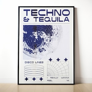 Blue Techno & Tequila Print, Retro Vintage Poster, Bar Cart Digital Download, Room Decor