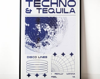 Blue Techno & Tequila Print, Retro Vintage Poster, Bar Cart Digital Download, Room Decor