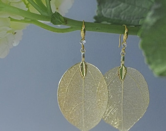May include: Gold-toned leaf earrings with delicate veining, suspended from gold hooks with a small crystal accent. The earrings are shaped like leaves and are displayed against a soft, blurred background of green and white.
