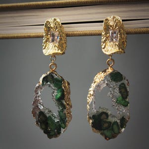 Unique Artisan Handmade Assembled Green and Gold Resin Statement Earrings: Gold Plated Dangle Chandelier