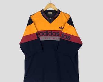 Vintage 90s Adidas Trefoil Jersey Tee - Large Colourblock V Neck