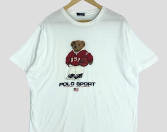 Vintage Polo Bear Basketball T-Shirt Ralph Lauren White Cotton Size L