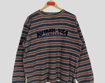 Camiseta de manga comprida listrada vintage Avirex - Estampa militar, tamanho M