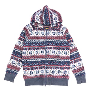 May include: A blue, red, and white patterned fleece zip-up hoodie with a hood.