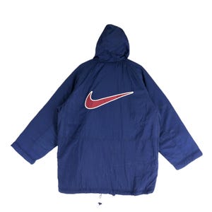 Vintage Nike Big Swoosh Puffer Hoodie Jacket Blue 90s Nike Swoosh Nike Sportswear Warmer Jacket Winter Coat Swoosh Big Logo Size M