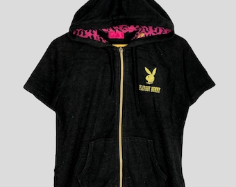 Vintage Playboy Bunny Zipper Hoodie Short Sleeve Sweater Playboy Velvet Sweater Playboy Black Bunny Big Logo Playboy Short Sleeve Sweater L