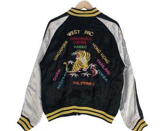 Vintage Houston Sukajan Japanese Tiger Jacket Vintage Sukajan Tokyo Japanese Embroidery Dragon Sukajan Satin Bomber Black Jacket Size L