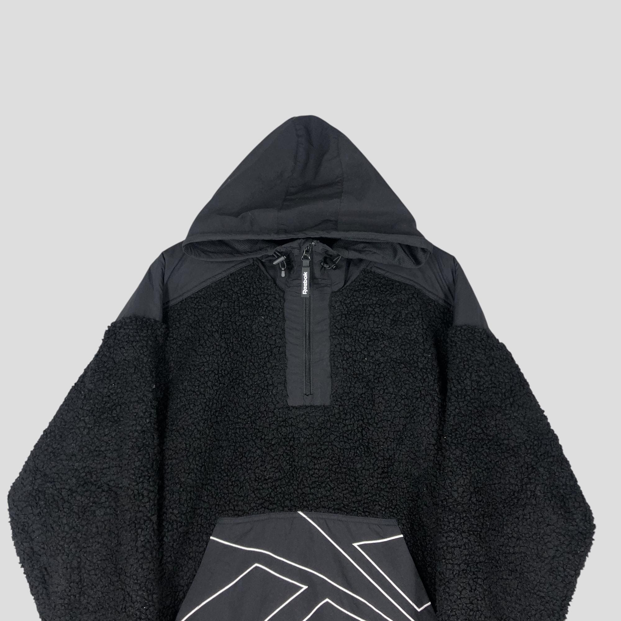 Vintage 90s Reebok Big Logo Fleece Hoodie: Black Sherpa Jacket 