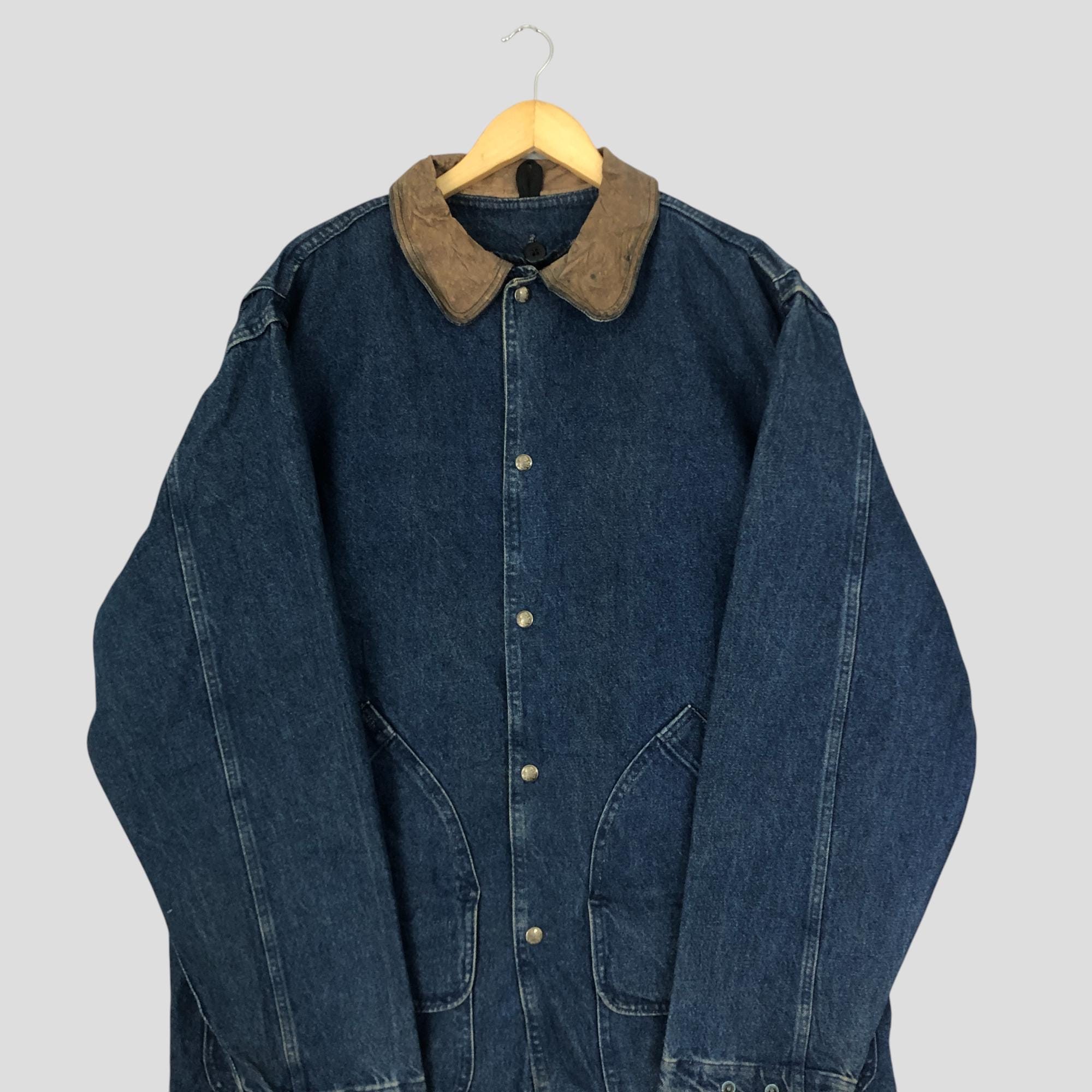 Vintage Woolrich Denim Chore Jacket, Leather Collar, Made in USA
