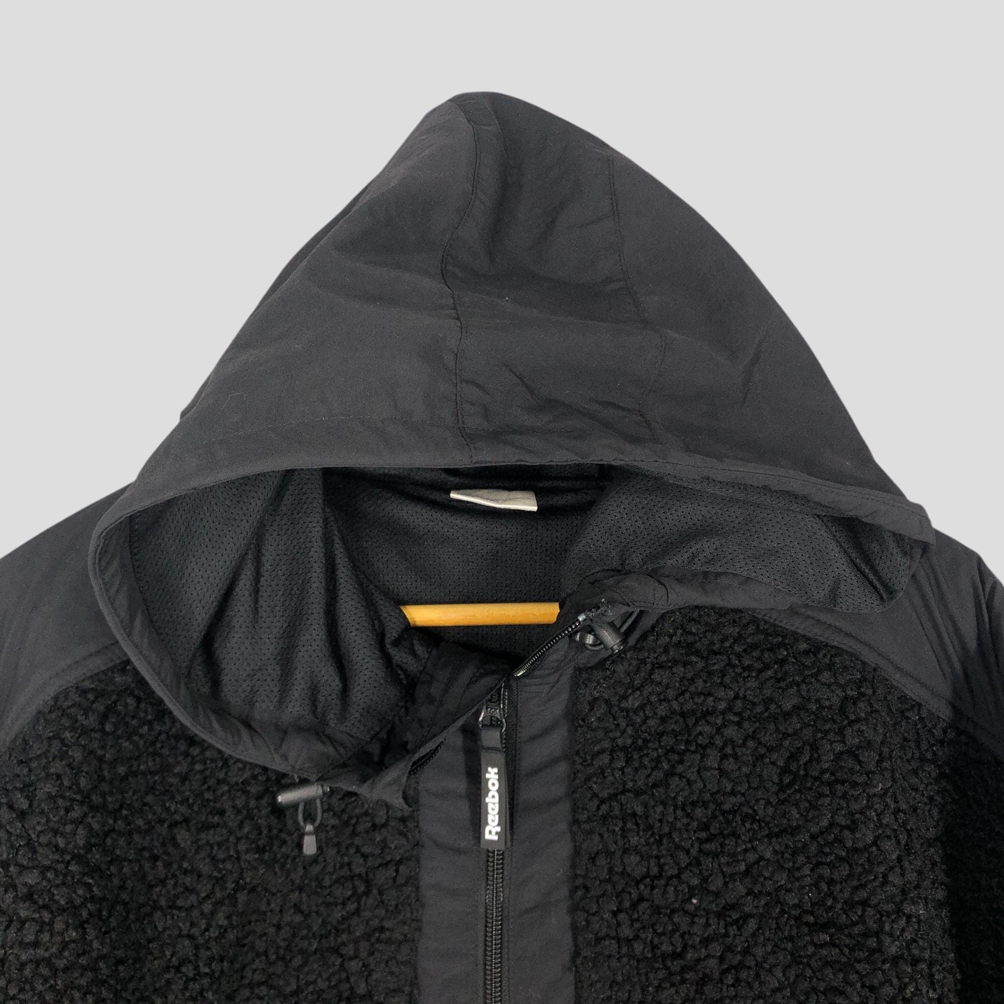 Vintage 90s Reebok Big Logo Fleece Hoodie: Black Sherpa Jacket 