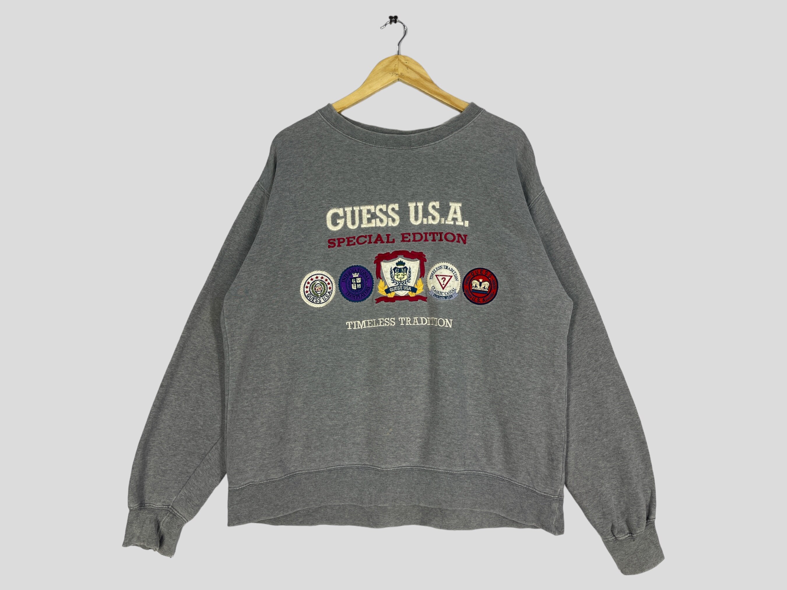Vintage 90s Guess USA Gray Sweatshirt, Embroidered Logo (size L 