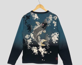 Camiseta vintage japonesa de manga larga con bordado de peces koi, talla L