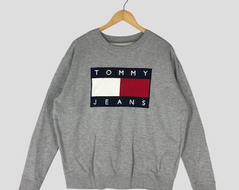 Vintage Tommy Jeans Sweatshirt, Big Logo Embroidery, Gray Pullover (Size L)