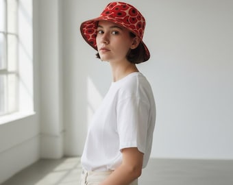 Vintage HERMES Red Orange Poppi Design Bucket Hat Size 58