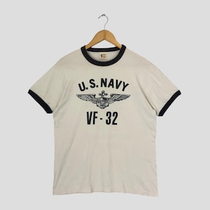 Vintage 90s Buzz Rickson Us Navy T shirt Small Buzz Rickson USN VF 32 Swordman Tomcat Military Navy Army White Ringer Tee Size S