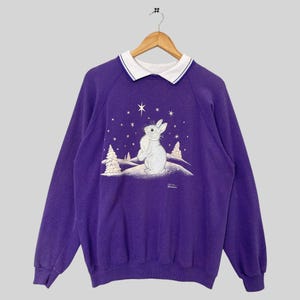 Vintage 90s Morning Sun Rabbit Graphic Printed Sweatshirt Morning Sun Crewneck Sweater Pullover Morning Sun Floral  Purple Made In UsA XL
