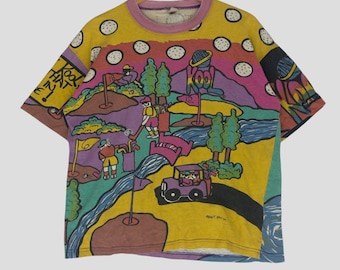 Vintage 90s Distressed Kool All Over Print Playing Golf T Shirt Large Kool Colourful T Shirt Kozmik Multicolor Pop Art Fashion Tee Size L