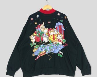 Vintage 90s Nutcracker Cats Big Printed Sweatshirt Nutcracker Kittens & Present Big Image Crewneck Jumper Pullover Sweater Nature 2XL