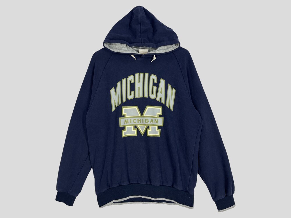 Vintage University Of Michigan Hoodie Sweatshirt Michigan Crewneck Michigan Wolverines Sweater Pullover Michigan State Print Logo Blue Large Shopspost Style