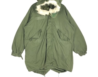 Vintage MA-1 Flying Parka, Fur Hoodie Army Bomber Jacket (M)