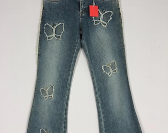 Vintage Stone Washed Low Rise Jeans: Butterfly Patches, Size 28x39