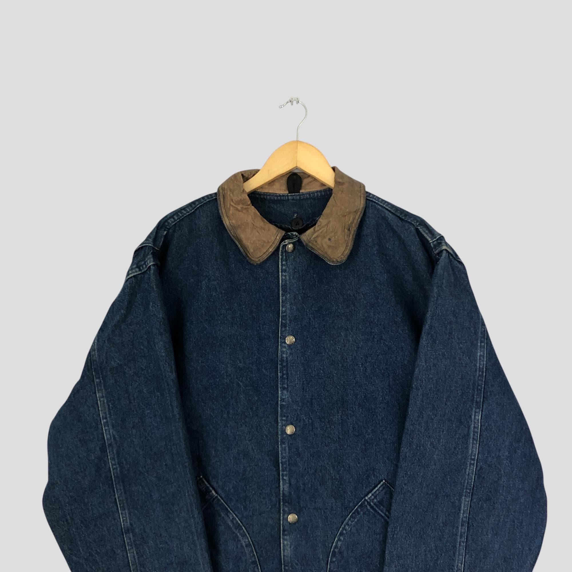 Vintage Woolrich Denim Chore Jacket, Leather Collar, Made in USA