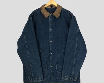 Vintage Woolrich Denim Chore Jacke, Lederkragen, Made in USA, L