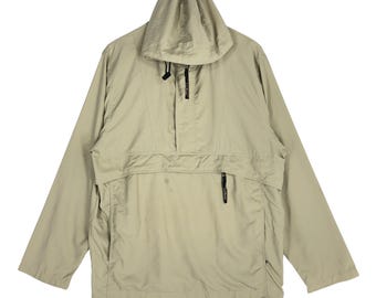 May include: A beige hooded jacket with a zipper closure and a drawstring at the bottom.