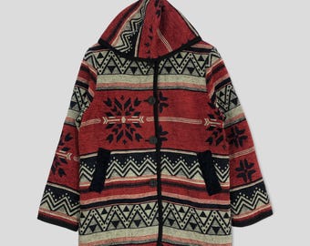 Chaqueta vintage sin marca de la tribu nativa Navajo con botones y capucha, chaqueta vaquera multicolor Navajo, chaqueta polar con diseño de la tribu Navajo, Sherpa, talla XL