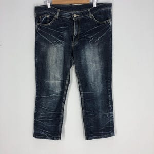 Size 38x32.5 Unbrand Jeans Black Stone Washed Cropped Denim Japanese Brand Distressed Blue Jeans Ripped Pant Casual Fashion Style W38