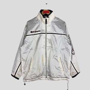 Vintage 90s Champion Silver Jacket Medium Retro Champion Nylon Windbreaker with Logo Accents Champion Streetwear Style Jacket Raincoat M