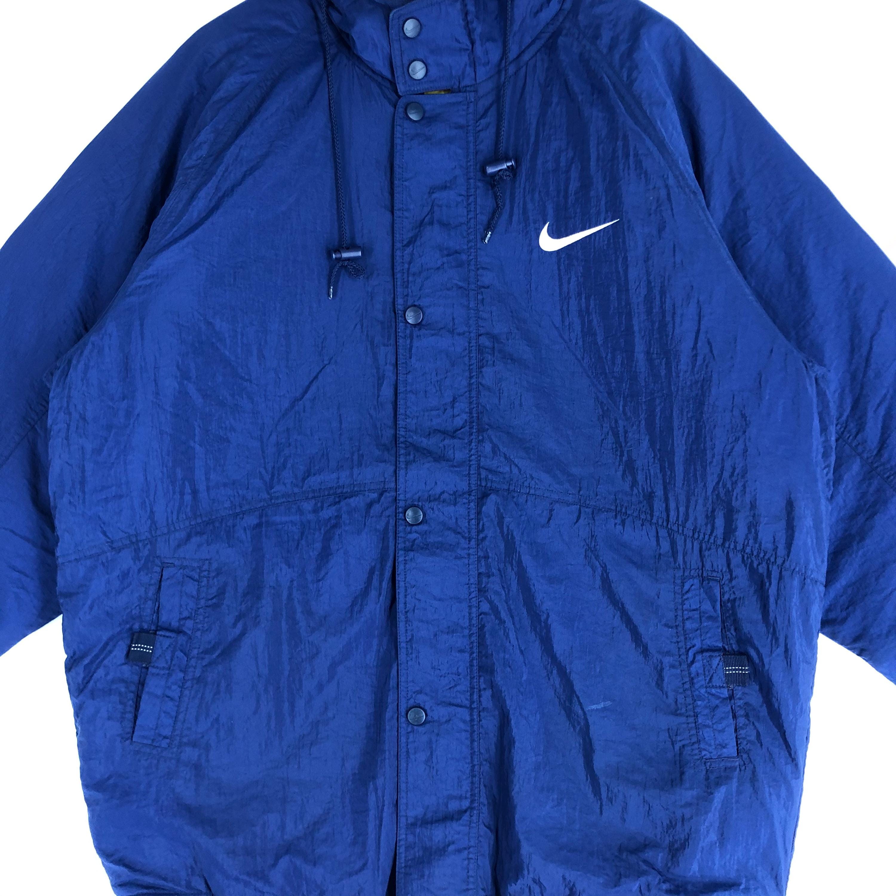 Vintage Nike Big Swoosh Puffer Hoodie Jacket Blue 90s Nike Swoosh 