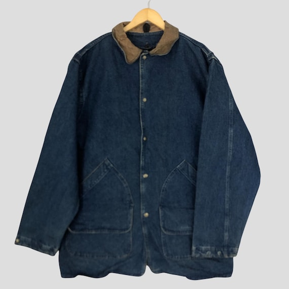 Vintage Woolrich Denim Chore Jacket, Leather Collar, Made in USA