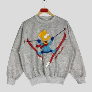 Vintage 90s Bart Simpsons Skiing Big Image Sweatshirt Medium Gray Bart Simpsons Crewneck Pullover Bart Simpson Jumper Sweater Size M