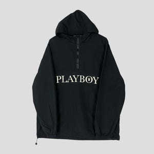Vintage Playboy Bunny Big Logo Anorak Jacket Black Playboy Hoodie Windbreaker Jacket Playboy Half Zipper Light Jacket Raincoat Size XL