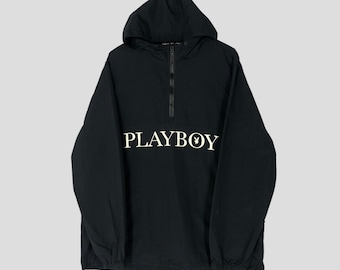 Vintage Playboy Bunny Big Logo Anorak Jacket Black Playboy Hoodie Windbreaker Jacket Playboy Half Zipper Light Jacket Raincoat Size XL