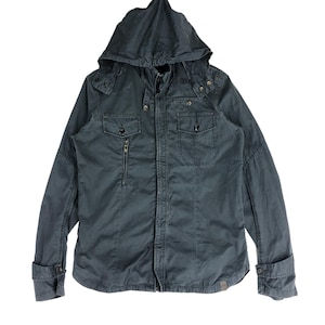 May include: A dark blue hooded jacket with a zipper closure and multiple pockets. The jacket has a drawstring hood and a button-up front.